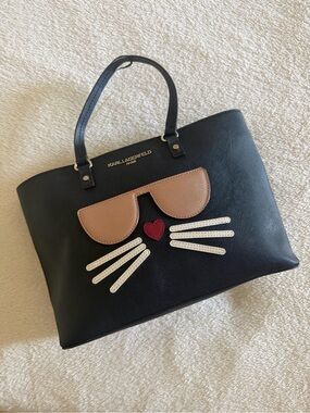 Karl Lagerfeld Black Tote with Tan Sunglasses, White Whiskers & Red Heart